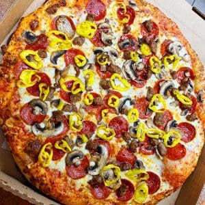 Pizza with Pepperoni, Mushrooms, Sausage and Banana Peppers